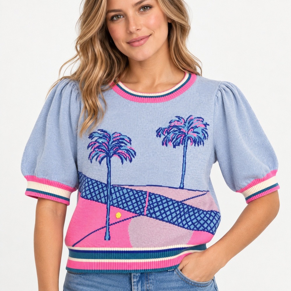 Lilly Pulitzer Tennis Palm Tree Short Sleeve Knit Sweater Blue Pink Purple M